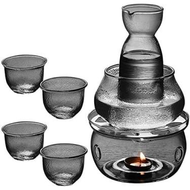 Imagem de JOEUQK Conjunto de copos de saquê, conjunto de saquê japonês japonês com aquecedor, design exclusivo de textura fosca, 7 peças incluem 1 garrafa, 4 xícaras, 1 conjunto de panela de saquê para fogão de