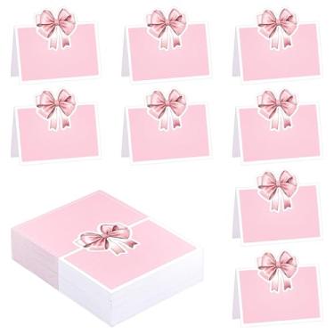 Imagem de BENECREAT 80 peças de cartões de lugar de laço rosa, cartões de barraca em aquarela de 9 x 12 cm, cartões de nome, cartões de acompanhantes para jantar de casamento, festas de aniversário, mesa