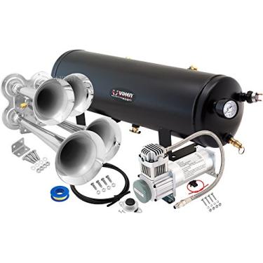 Imagem de Vixen Horns Kit de buzina de trem para caminhões/carros/semi-ônimo. Sistema completo de bordo - Compressor de ar de 200 psi, tanque de 3 galões, 4 trompetes Super alto dB. Serve em veículos como captador/jeep/RV/SUV 12v VXO8330/4114
