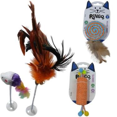 Imagem de Kit Brinquedo Interativo Varinha Com Plumas Ratinho Mola Ventosa Espir