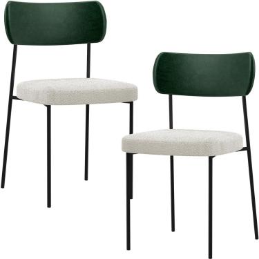 Imagem de Kit 02 Cadeiras Estofadas Para Sala De Jantar Melina L02 Facto Verde Musgo Bouclê Creme - Lyam Decor