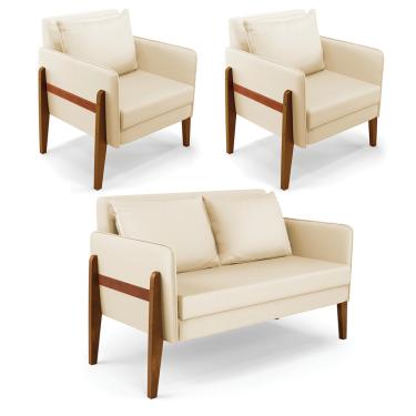 Imagem de Kit 1 Sofá Namoradeira e 2 Poltronas Lana Corino Base de Madeira - D'Rossi