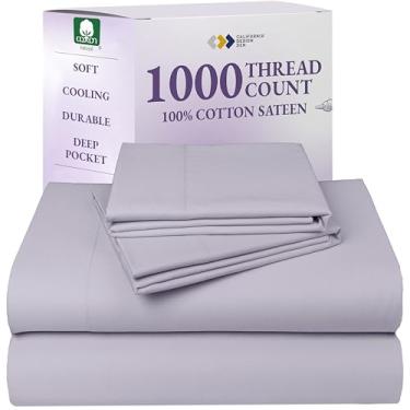 Imagem de California Design Den Jogo de lençol Queen - cetim luxuoso de 1000 fios, lençóis naturais 100% algodão, bolsos profundos totalmente elásticos, roupa de cama fresca e durável - cinza lavanda