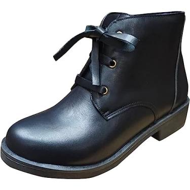 Imagem de Botas de cano curto retrô com cadarço para mulheres senhoras bico redondo salto grosso salto baixo botas curtas zíper lateral botas quentes de couro para trabalho botas de combate, Preto, 8.5