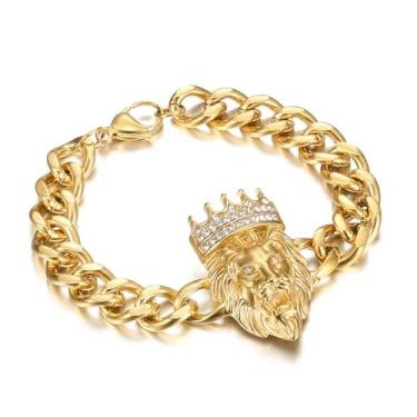 Imagem de NEGS Pulseira masculina banhada a ouro 18 K com coroa de aço inoxidável punk viking rock, corrente de elos cubanos, hip hop, rapper, joias, presente