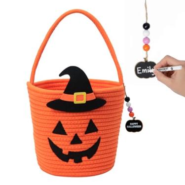 Imagem de Cesta de Halloween, balde de doces de abóbora de corda tecida com rosto bordado e chapéu de bruxa de feltro, bolsa de doces ou travessuras, balde de Halloween, lembrancinha de festa ou bolsa de