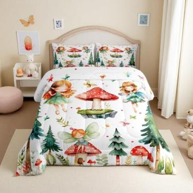 Imagem de Erosebridal Conjunto de cama casal de cogumelos e fadas - Conjunto de edredom de borboleta para crianças, meninas, colcha de jardim de fadas peculiares | decoração de quarto de borboletas com tema de