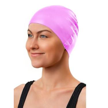 Imagem de Touca de natação de silicone unissex para mulheres e homens, toucas de banho à prova d'água para natação, confortável, antiderrapante, chapéu de natação de cabelo longo, rosa