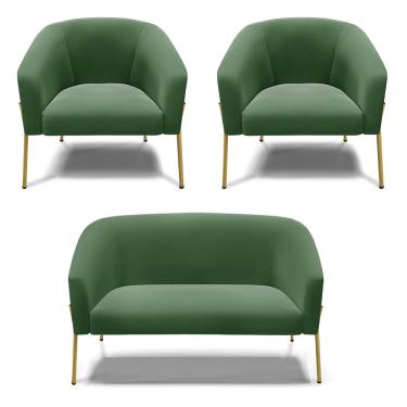 Imagem de Namoradeira e 2 Poltronas Pé de Ferro Dourado Stella Suede Verde  D03 - D'Rossi