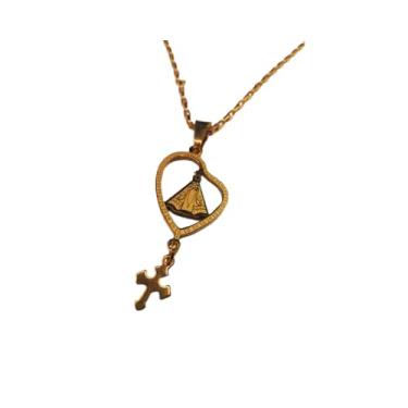 Imagem de Corrente Nossa Senhora Aparecida com Terço em Aço Inox 316L, Dourada, 60cm, Tijolinho 2.0mm, Pingente Religioso Vazado, Unissex