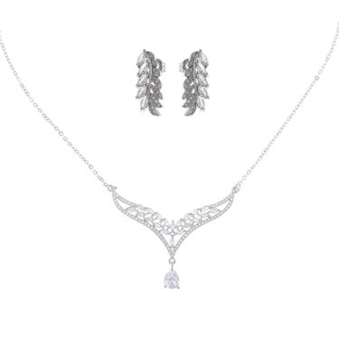 Imagem de Conjunto de joias florais de cristal, colar banhado a prata com pingente de zircônia cúbica, brincos de flor combinando, joias de casamento elegantes, One Size, Zircônia cúbica, Zircônia cúbica