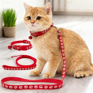 Imagem de Conjunto de coleira e coleira ajustável para animais de estimação com sino para cães e gatos, design de fivela confortável com estampa de pata fofa