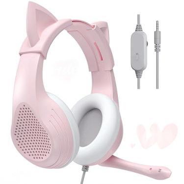 Imagem de Fone de ouvido para jogos Pink Cat Ears – Fones de ouvido estéreo com fio com microfone com cancelamento de ruído, almofadas confortáveis – Compatível com PS5, PS4, Xbox One, PC, Mac, laptop e