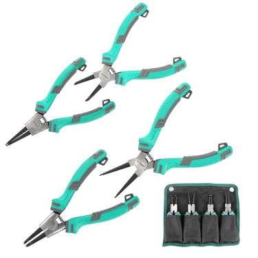 Imagem de PROWIN Conjunto de alicates de anel de pressão de 4 peças, kit de alicates internos/externos de 17 cm de mandíbula reta e dobrada, ponta de 162 cm – Alicate de anel de retenção de aço resistente com