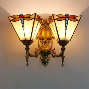 Imagem de Luminária de parede retrô americana em vidro colorido com LED, estilo europeu, luxuosa, para sala de estar, restaurante, quarto, escritório, casa de campo, hotel, café, bar, corredor (B 2 lâ