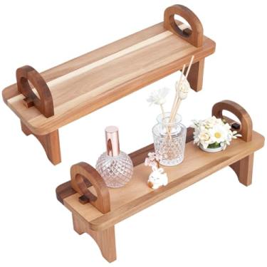 Imagem de GOMAKERER Pacote com 2 pratos de madeira elevados para servir, 41 x 17 x 14 cm, bandeja de cozinha, expositor de alimentos levantado em madeira para exibição de chá da tarde e sobremesa