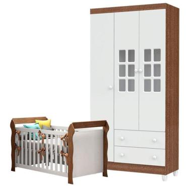 Imagem de Berço Lara E Guarda Roupa Infantil 3 Portas Mariah Branco Acetinado Amadeirado - Carolina