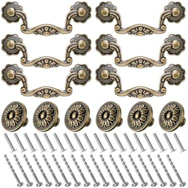 Imagem de Otoolling 12 puxadores de 7,6 cm e puxadores de gaveta de armário vintage em forma de flor de 3,4 cm, puxadores de armário de bronze antigo com parafusos para gaveta, cômoda, armário e guarda-roupa