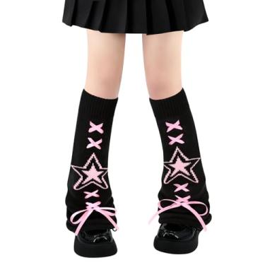 Imagem de Polainas para mulheres, meninas, estilo japonês, lolita, meias longas de malha kawaii, meias góticas Harajuku, cobertura de perna, Estrela rosa preta rodada com fita, Tamanho Único