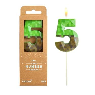 Imagem de PHD CAKE Velas de aniversário com número de 5 pixels, cristal de 6 cm, velas verdes com número de mineiro, velas com número de bolo, celebração de festa, vela estilo