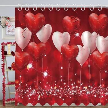 Imagem de DOTOOMA Cortina de chuveiro com balões de coração vermelho e branco para Dia dos Namorados, 182 x 182 cm, flâmula vermelha, glitter, romântico, casal, amante, aniversário, decorações de banheiro,