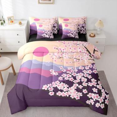 Imagem de Erosebridal Conjunto de cama feminino de flor de cerejeira japonesa, conjunto de edredom floral rosa solteiro com lençóis, pôr do sol em um saco, ramos de plantas de montanha, pintura Ukiyo-E