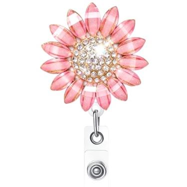 Imagem de Ascrafter Porta-crachá retrátil de flor de luxo com clipe jacaré, carretel de crachá de identidade, porta-cartões (rosa)