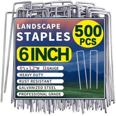 Imagem de Qucuky Pacote com 500 grampos de paisagem, estacas de jardim de 15 cm, grampos galvanizados, estacas de chão antiferrugem para barreira de ervas daninhas, tubos de irrigação, tecido de paisagismo