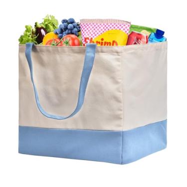 Imagem de CNaiyunpin Sacolas de compras reutilizáveis resistentes, bolsa de lona grande dobrável de 8,3 galões com alças, comporta sacolas de compras de lona de 27 kg, 1 pacote (branco + azul claro)