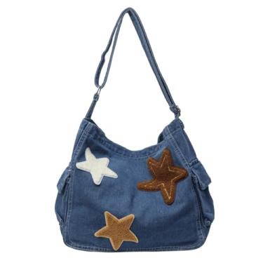 Imagem de Bolsa mensageiro jeans vintage Star, bolsa tiracolo estética Y2K para mulheres e homens, bolsa Hobo retrô casual para viagens, férias e trabalho, Azul, 14.5 X 3.5 X 12.9 inch