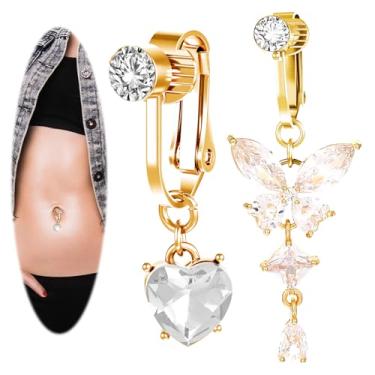 Imagem de Ymapinc 2 peças de piercing de umbigo falso com clipe dourado para mulheres - joia de umbigo em forma de coração de borboleta de cristal sem piercing