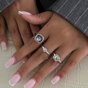 Imagem de 3 peças/conjunto de anéis geométricos de cristal acrílico cinza feminino design minimalista cor prata anéis quadrados de dedo joias uso diário