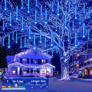 Imagem de Aokudoni Decorações de Natal ao ar livre: Luzes de chuva de meteoros de 24 tubos 576 LED luzes de Natal com gelo caindo de neve ao ar livre para casa, árvore, quintal, jardim, decoração de Natal