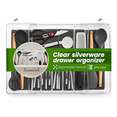 Imagem de Organizador de gaveta de utensílios expansível, bandeja grande de talheres de plástico transparente com vários compartimentos - solução de armazenamento durável antiderrapante para cozinha, banheiro