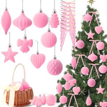 Imagem de Jenaai Conjunto de 48 enfeites de bola de Natal de veludo com laço de guirlanda sortidos, bolas de Natal à prova de estilhaçamento, laços de veludo, enfeites de árvore de Natal pendurados para festas