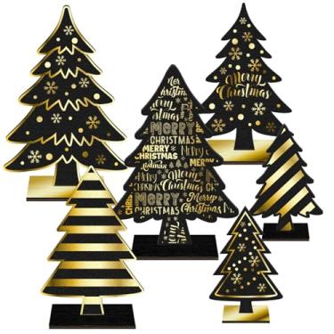Imagem de Cinrobiye 6 peças de decoração de mesa de Natal, árvore de Natal em ouro preto, centros de mesa, casa de fazenda, madeira rústica, árvores de Natal para casa, lareira e decoração de festa de inverno