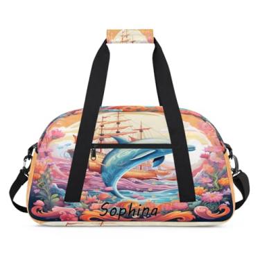 Imagem de Bolsa esportiva personalizada, animal, veleiro, golfinho, flor, com nome, personalizada, para festa do pijama, bolsa de fim de semana, bolsa de treino para dança, balé, academia, ginástica, bagagem de