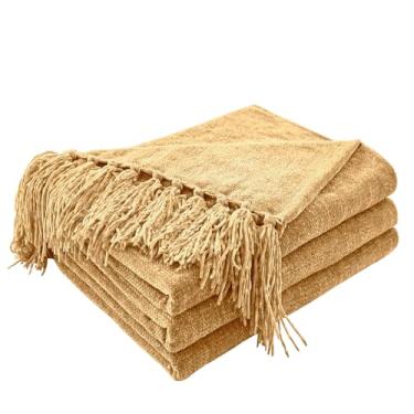 Imagem de CozeCube Cobertor de chenille para sofá, cobertor aconchegante de pelúcia decorativo, marrom claro com franjas, mantas leves para cama, sofá, presente, decoração de casa, 152 cm x 203 cm