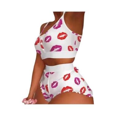 Imagem de Conjunto De Pijamas Femininos Com Estampa De Lábios De Borboleta, Top 