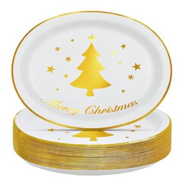 Imagem de 50 peças de pratos ovais de papel para árvore de Natal, 25,4 x 30,5 cm, grandes, descartáveis, resistentes, folha dourada, pratos de festa de Natal, floco de neve, pratos de sobremesa para decoração