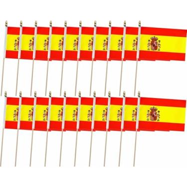 Imagem de Pacote com 20 Bandeiras Espanholas Pequenas Bandeiras Portáteis com Postes de Madeira de 32 cm para Dia Nacional, Copa do Mundo de Clubes, Eventos Esportivos, Decorações de Festa (12 × 8 polegadas)