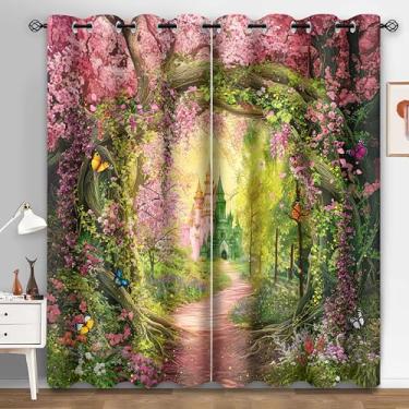 Imagem de HIYSMT Fantastic Forest Curtains, Fairy Tale Wonderland Castle Blackout Drapes, 10,883 cm Rosa Flor de Cerejeira Floral, Tratamentos de Janela Florais para Quarto e Sala de Estar, 2 Painéis HI0101YL