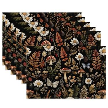 Imagem de Jogo americano de pano, jogo americano de tecido de cogumelo florestal, conjunto de 6, tapetes de mesa laváveis com folhas de ervas rústicas, tapetes decorativos para jantar, casa, cozinha, festas de