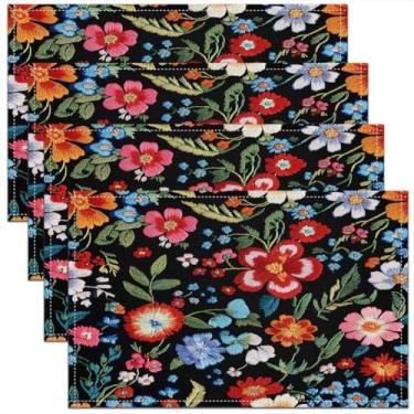 Imagem de jejeloiu Jogo americano floral, conjunto de 45,7 x 30,5 cm, para meninos, meninas, botânico, preto, para crianças, retrô, boêmio, flores, tapete para cozinha, mesa de jantar, decoração de festa