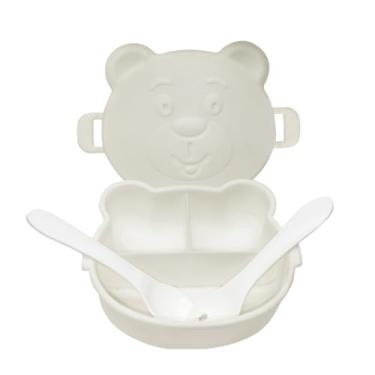 Imagem de Kit Lanchinho Com 2 Potes Ursinho Com Divisórias + Talheres Branco - Bebê e Mamãe