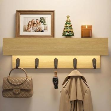 Imagem de CANCHIC Suporte de parede para cabide de 61 cm com prateleira e compartimento de armazenamento oculto, prateleira de acabamento de carvalho com ganchos organizador de entrada com luz LED para corredor