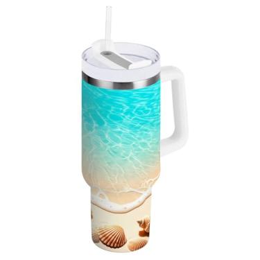 Imagem de Kigai Copo térmico de 1,134 g com alça, estrela do mar e conchas de praia com tampa e canudo, garrafa de água esportiva de metal grande, caneca de café de viagem de aço inoxidável