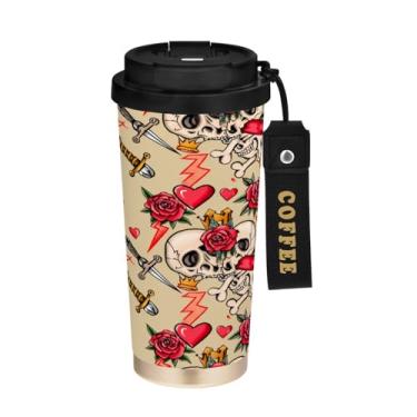 Imagem de STAYTOP Copo de café de aço inoxidável de 500 ml, caneca de café de viagem com isolamento de caveira e rosa com tampa, xícara de café à prova de derramamento, copos portáteis reutilizáveis para