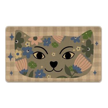 Imagem de Livcoz Tapete de porta da frente com gato fofo, tapete decorativo xadrez cinza búfalo antiderrapante, tapete de entrada para dono de animais de estimação, presente floral discreto para uso interno e