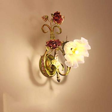 Imagem de Luminárias de parede estilo pastoral americano, com cúpula de vidro floral rústica, para cabeceira, em ferro com flores, ideais para quarto, sala de estar, corredor e varanda.